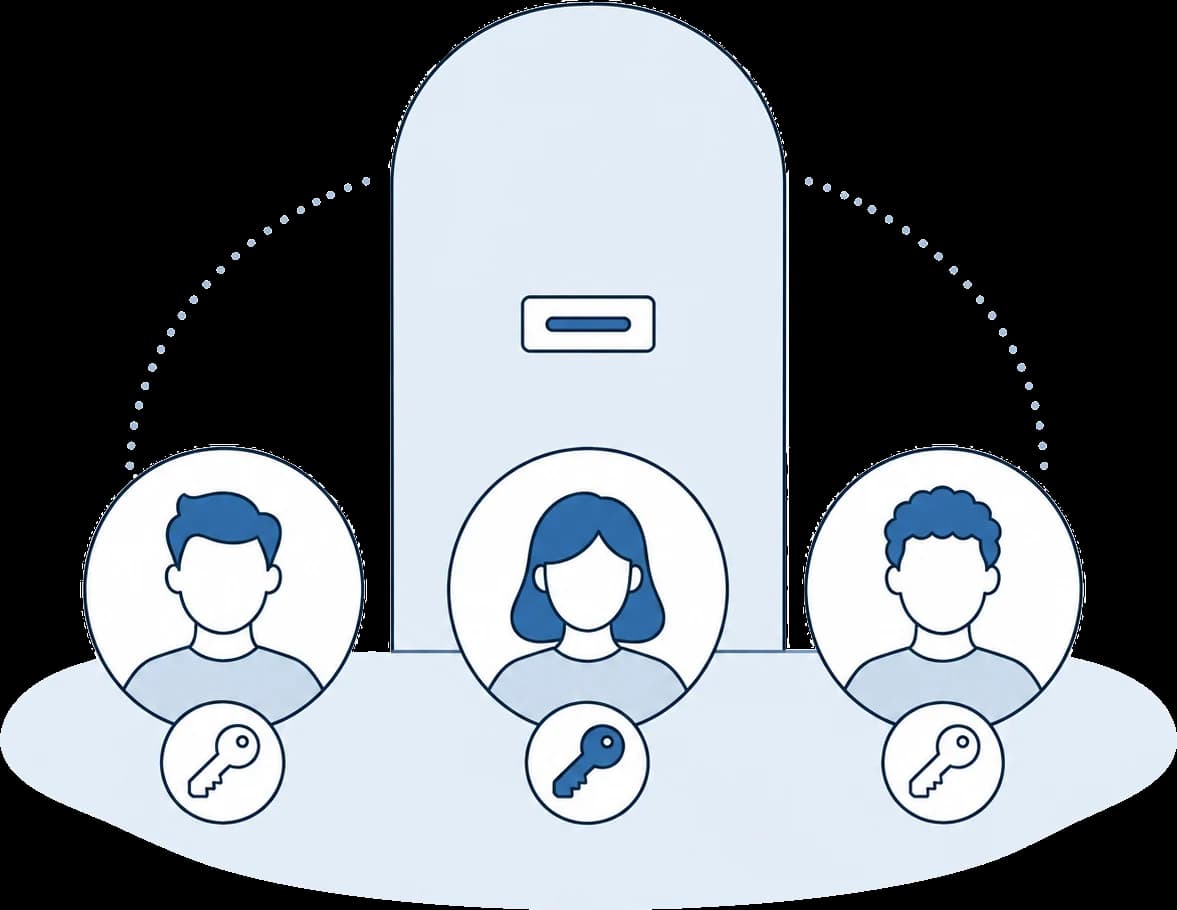 Illustration: drei Personen mit Schlüssel-Badges vor einer Tür