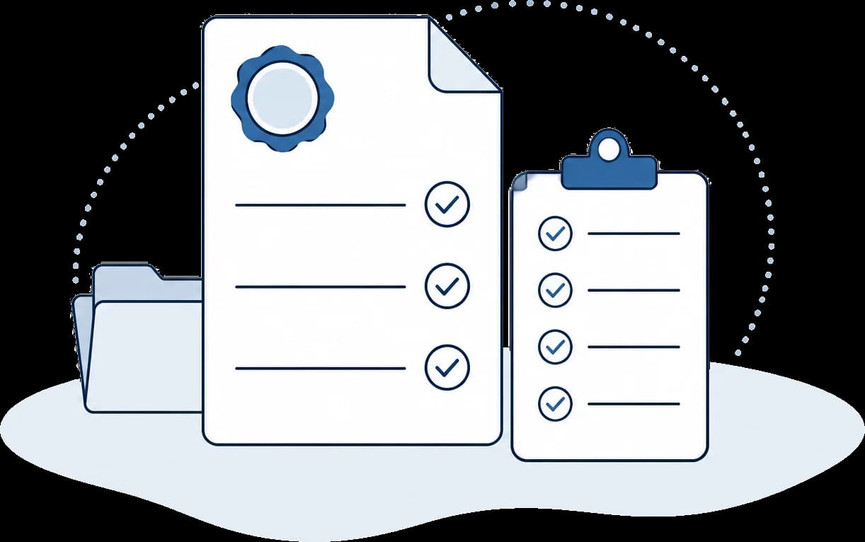 Illustration: Vertrag mit Siegel und abgehakte Checkliste