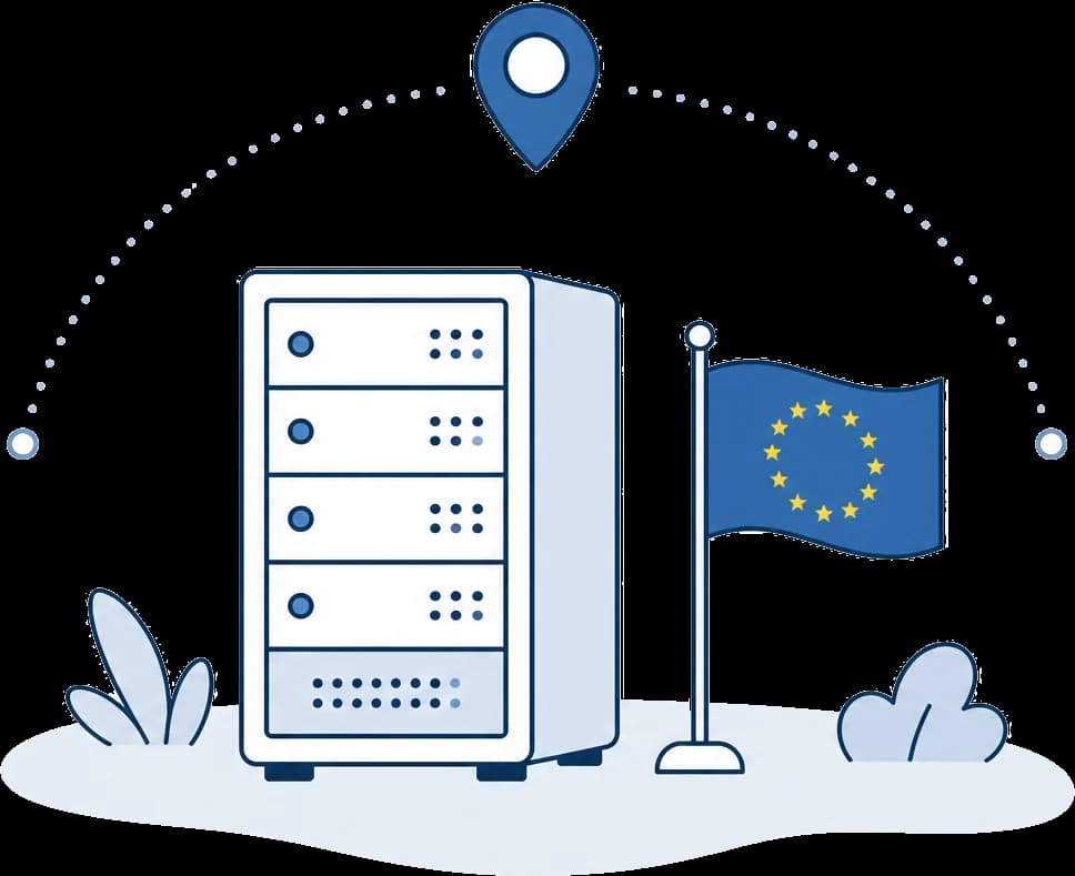 Illustration: Server mit EU-Flagge und Standort-Marker