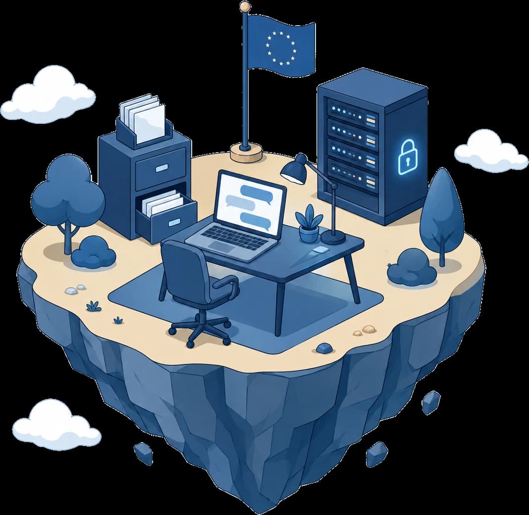 Illustration: schwebende Insel mit Arbeitsplatz, Aktenschrank, gesichertem Server und EU-Flagge