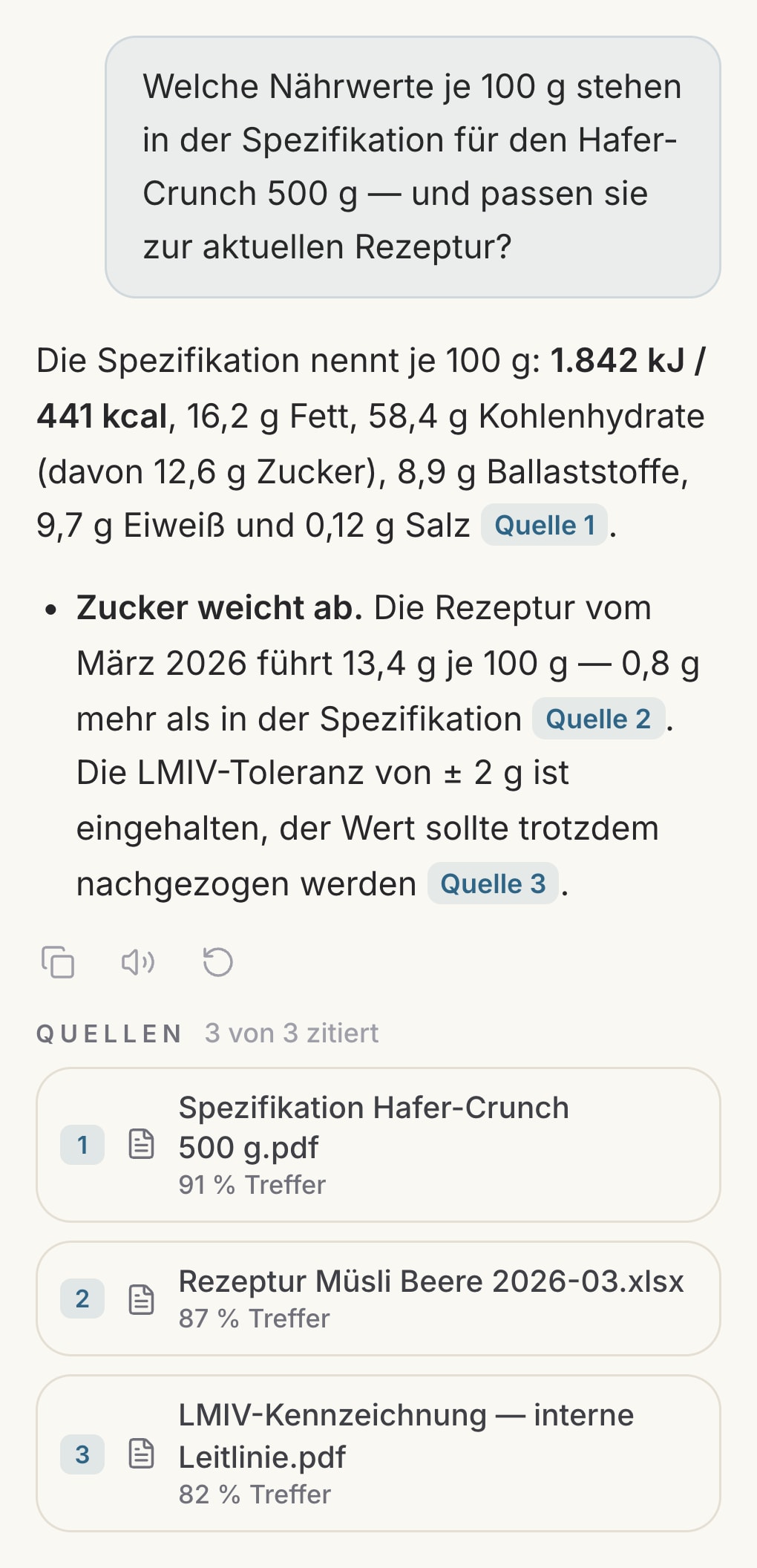 Chat der KI Zentrale: Antwort mit Quellenangaben aus Spezifikation, Rezeptur und LMIV-Leitlinie
