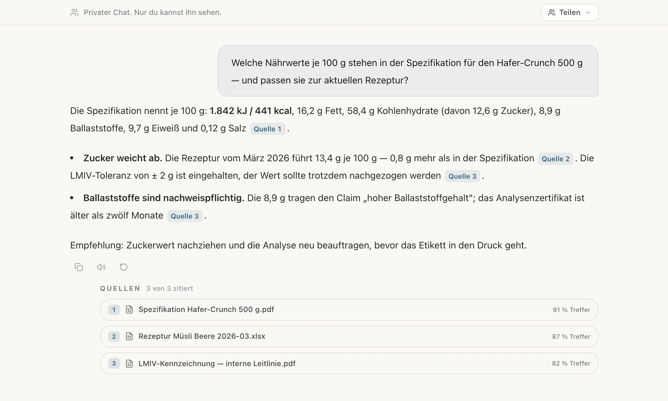 Chat der KI Zentrale: Antwort mit Quellenangaben aus Spezifikation, Rezeptur und LMIV-Leitlinie