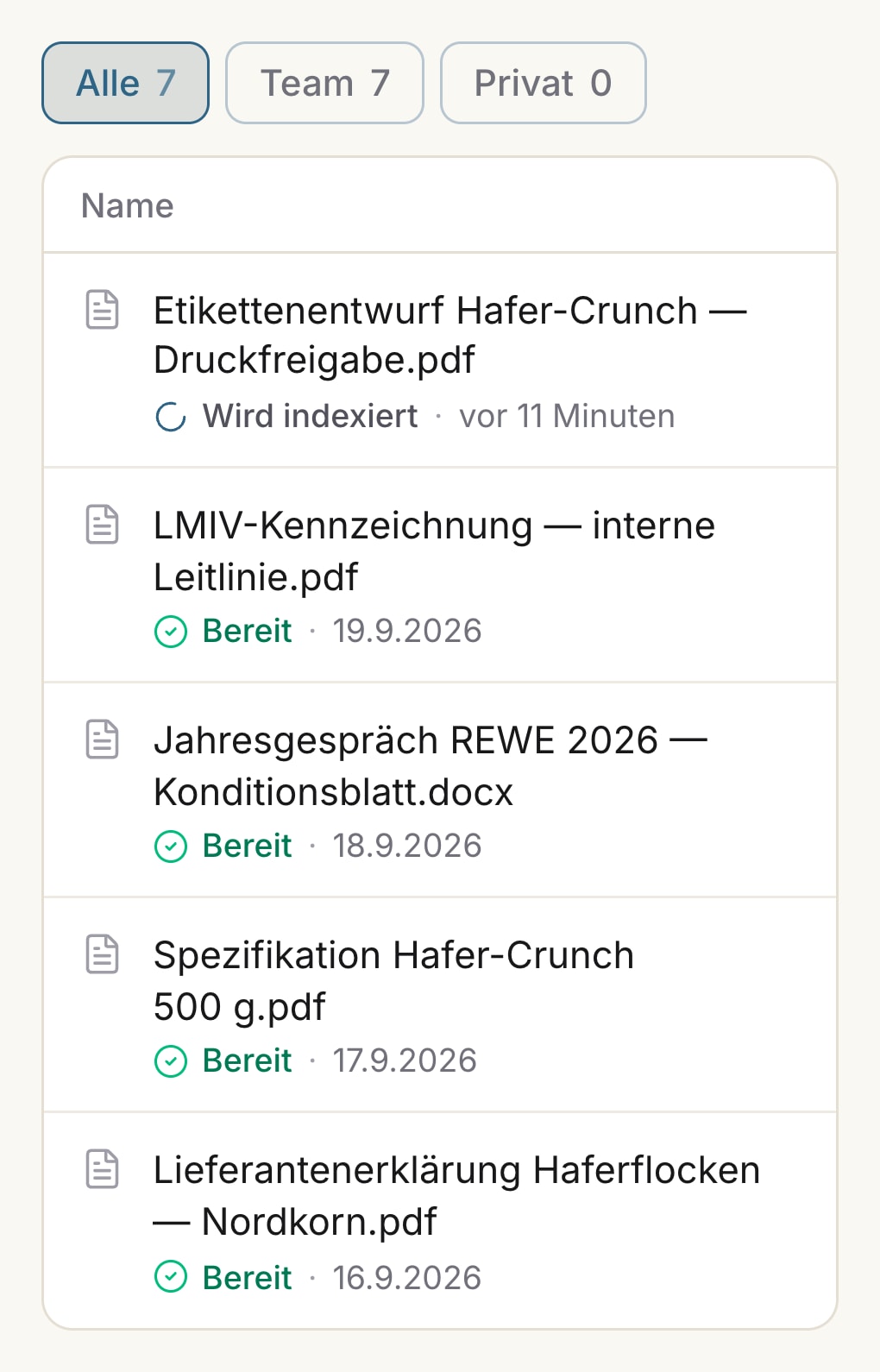 Wissensbasis mit hochgeladenen Unterlagen wie Etikettenentwurf, LMIV-Leitlinie und Konditionsblatt
