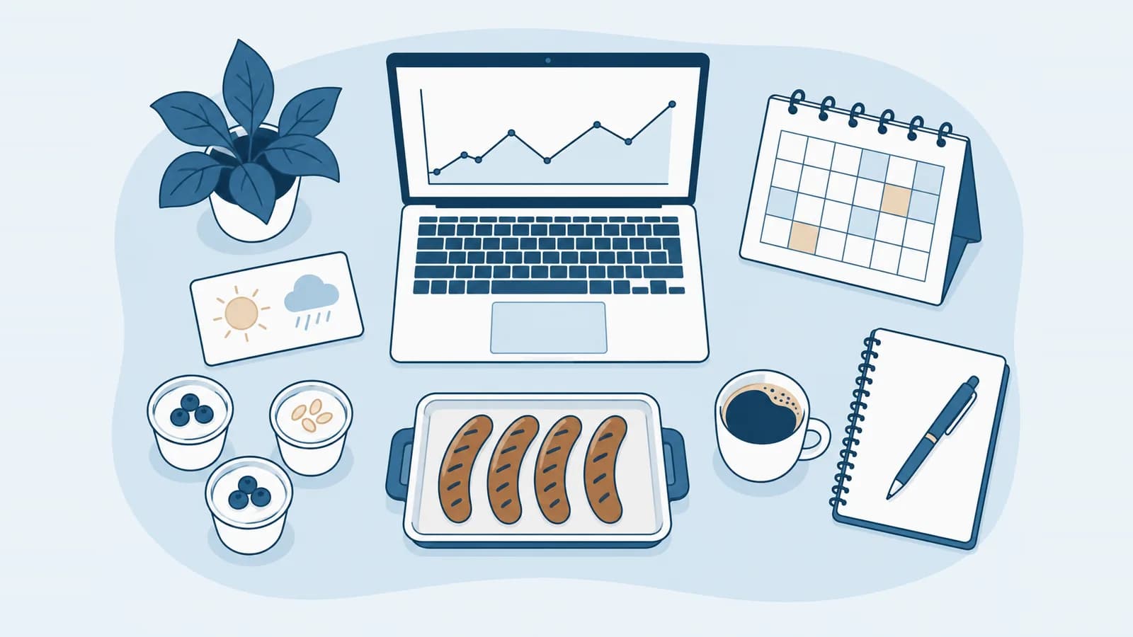 Illustration: Ein Schreibtisch von oben mit einem Laptop, der ein Liniendiagramm mit mehreren Spitzen zeigt, daneben ein Tischkalender mit einzelnen farbig markierten Tagen, eine Karte mit Sonne und Regenwolke sowie Joghurtbecher und ein Tablett mit Grillwürstchen