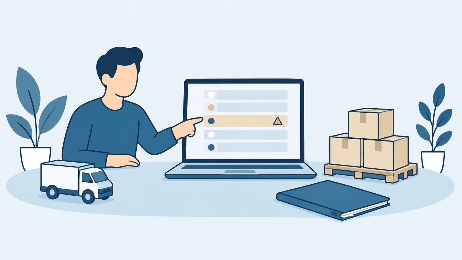 Illustration: Ein Laptop mit einer Liste, in der eine Zeile hervorgehoben und mit einem Warndreieck markiert ist, daneben ein kleiner Lieferwagen, eine Palette mit Produktkartons und ein Vertragsordner, eine stilisierte Figur zeigt auf die markierte Zeile
