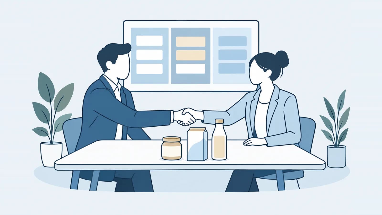 Illustration: Zwei Personen geben sich am Tisch die Hand, vor ihnen Produktmuster, im Hintergrund eine Vertriebs-Pipeline auf einem Bildschirm