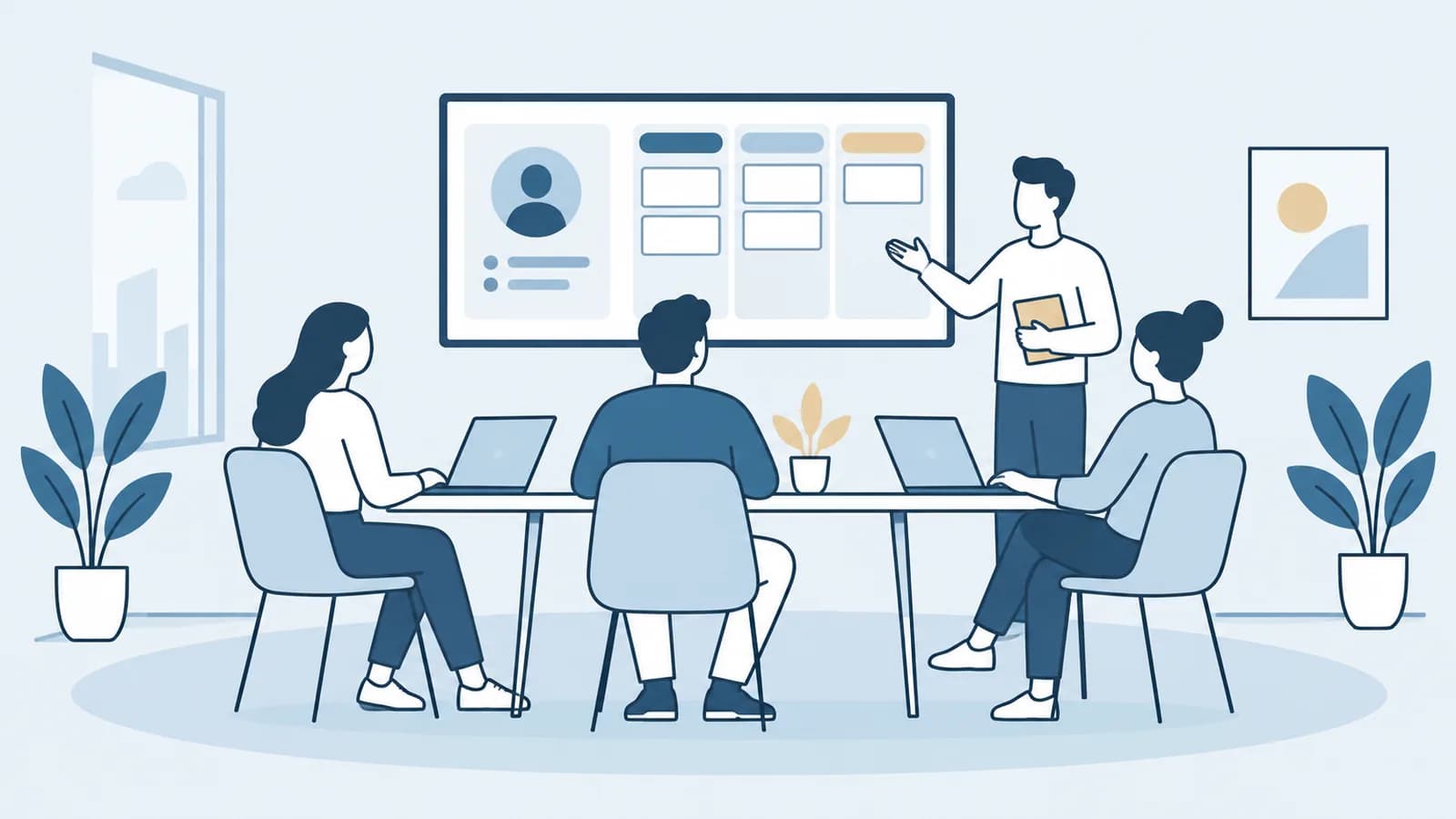 Illustration: Team mit Laptops in einem Besprechungsraum, eine Person erklärt am Bildschirm eine Kontaktkarte und eine Pipeline