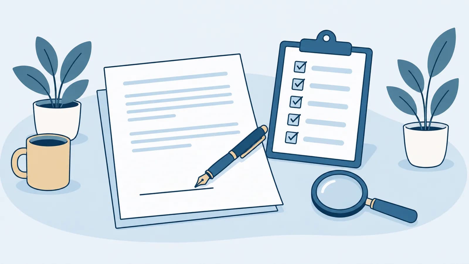 Illustration: Vertrag mit noch leerer Unterschriftszeile und Füller, daneben ein Klemmbrett mit vollständig abgehakter Checkliste und eine Lupe