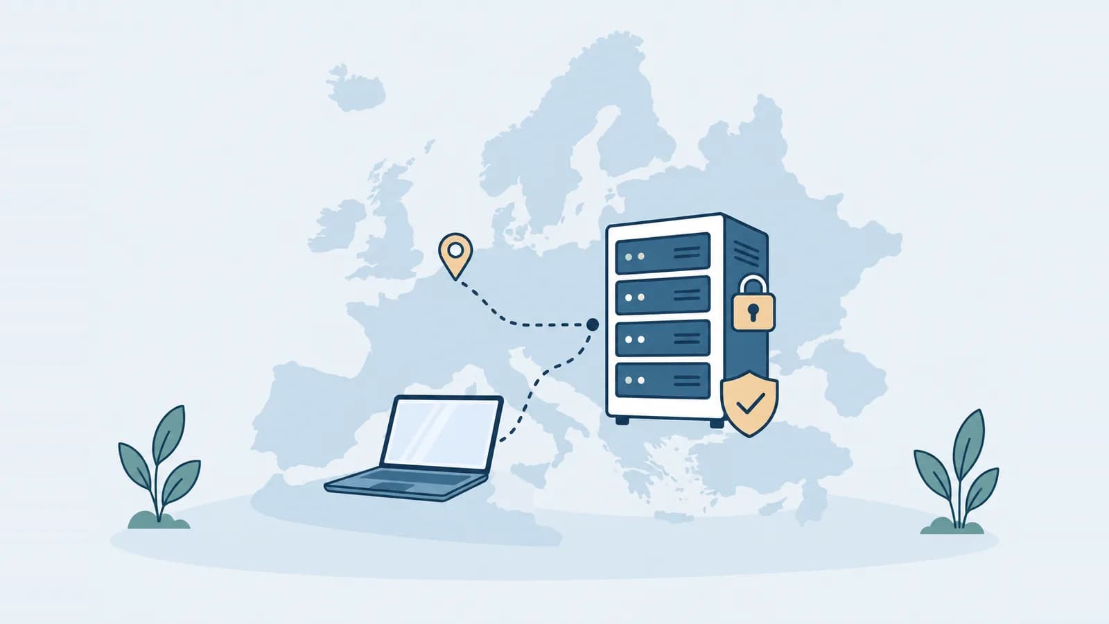 Illustration: Europakarte mit einem Server, Schloss und Schutzschild, ein Laptop ist über eine gestrichelte Linie innerhalb Europas mit dem Server verbunden