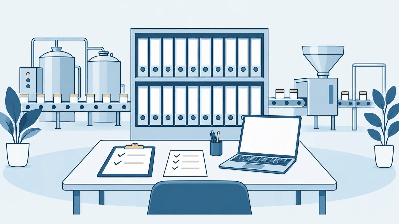 Illustration: Ein Regal mit ordentlich aufgereihten Ordnern, davor ein Tisch mit einem Klemmbrett, einer Checkliste mit Häkchen und einem Laptop, im Hintergrund eine Produktionslinie mit Edelstahlbehältern