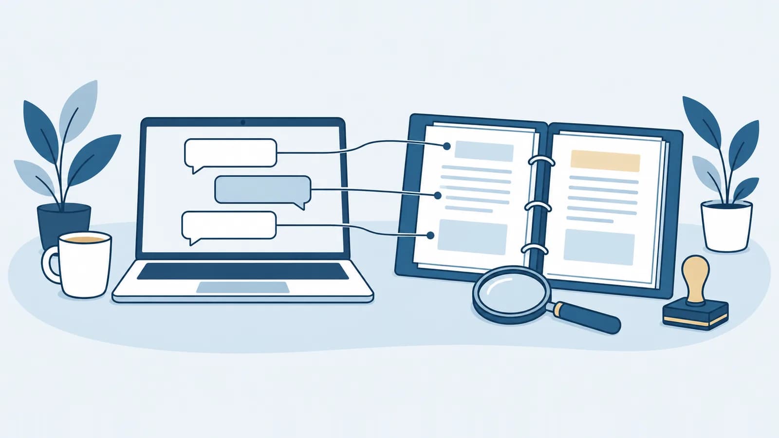 Illustration: Ein Laptop auf einem Schreibtisch zeigt ein Chatfenster mit Sprechblasen, von denen dünne Linien zu einzelnen Dokumentenseiten in einem aufgeschlagenen Ordner führen, daneben eine Lupe und ein Stempel
