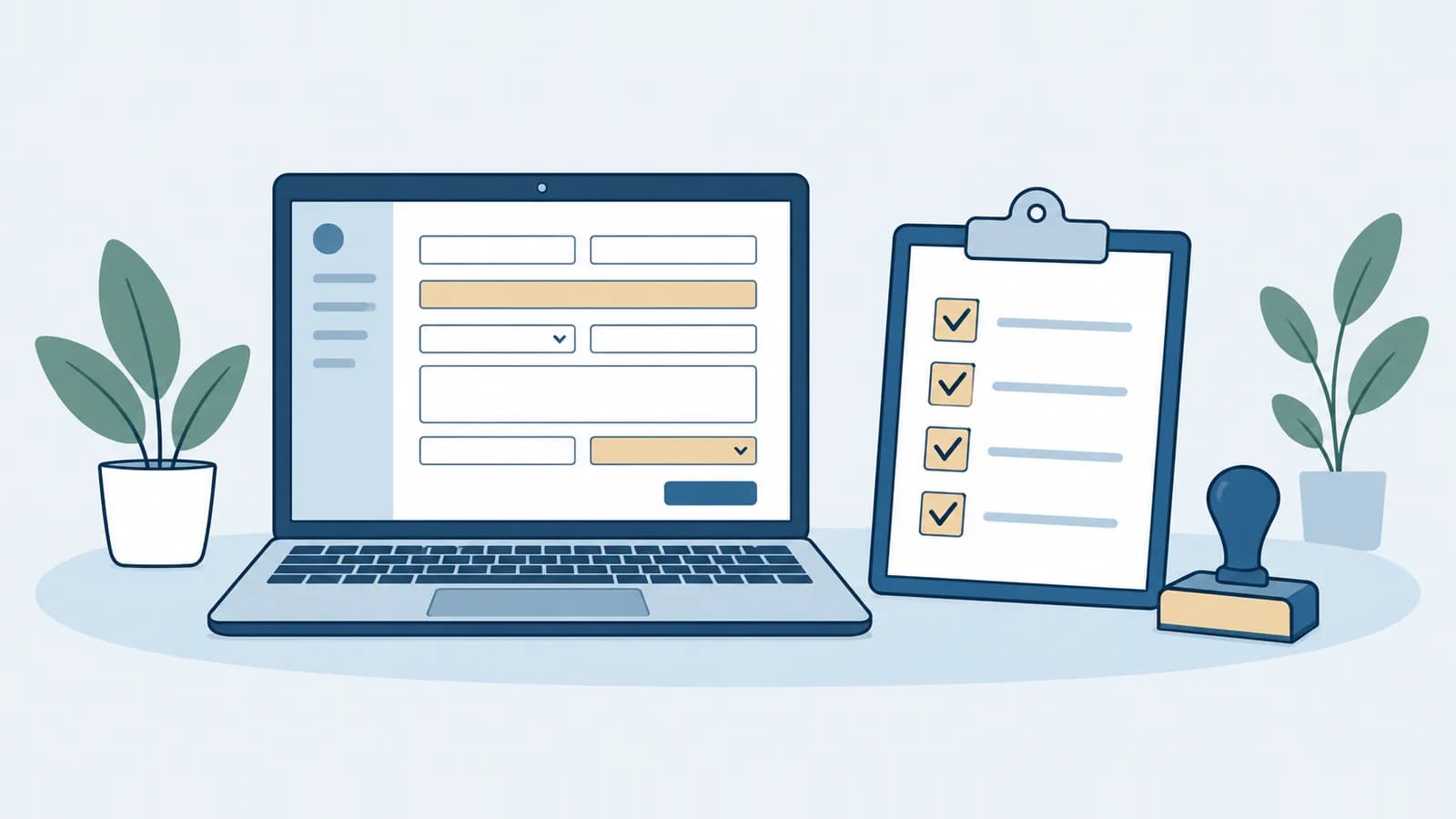 Illustration: Ein Laptop zeigt ein ausgefülltes Formular mit einigen farbig markierten Feldern, daneben liegt ein Klemmbrett mit einer Checkliste und ein Stempel, der auf das Freigeben wartet