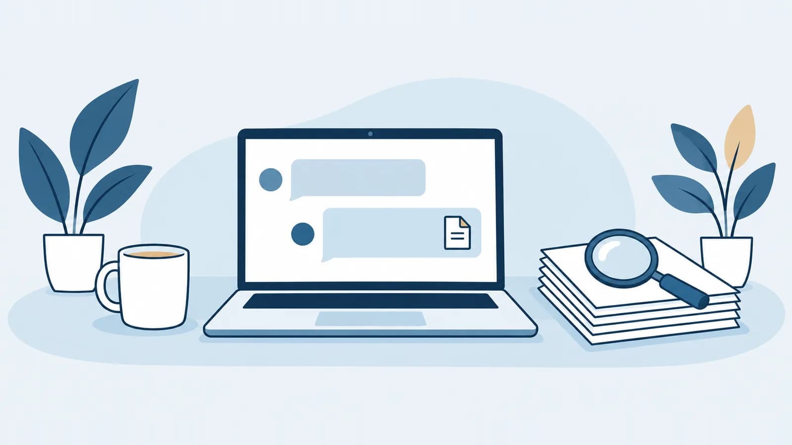 Illustration: Laptop mit einem Chat, dessen Antwort ein Dokument als Quelle anhängt, daneben ein Papierstapel mit Lupe und eine Kaffeetasse